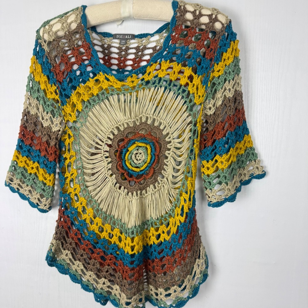 Roz & Ali Crochet Knit Top S/M Boho Hippie Multicolor‎ Festival Tunic - Picture 2 of 11